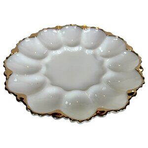 Vintage Anchor Hocking White Milk Glass Deviled Egg Plate Dish Gold Trim Platter